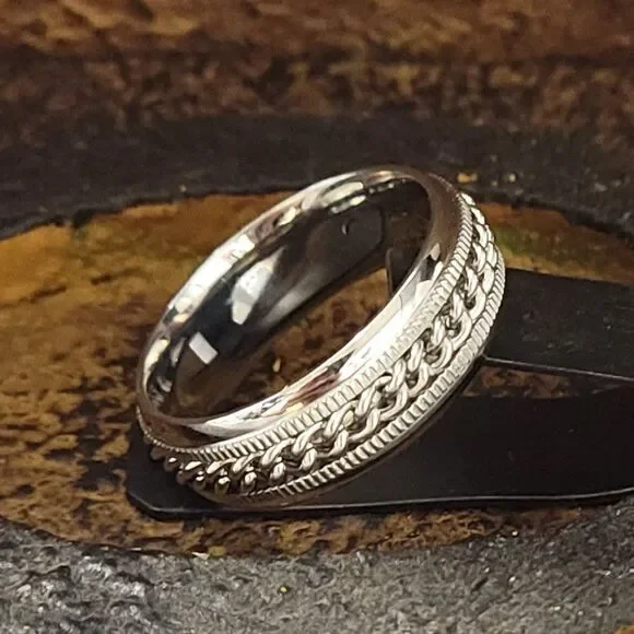 Men's Silver Chain Spinner Promise Ring Band - Anxiety Fidget Ring - Picture 7 of 8